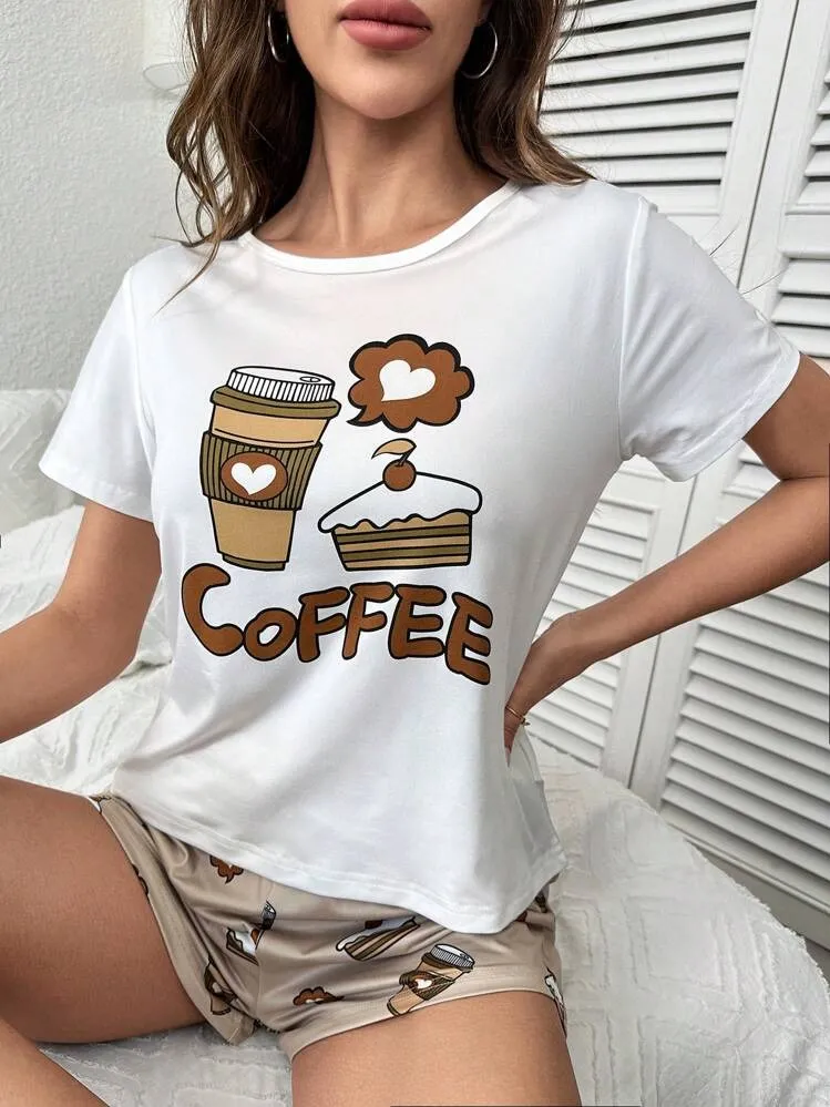 Ensemble Pyjama Imprimé Gâteau Et Café Et Lettre Pour Femmes