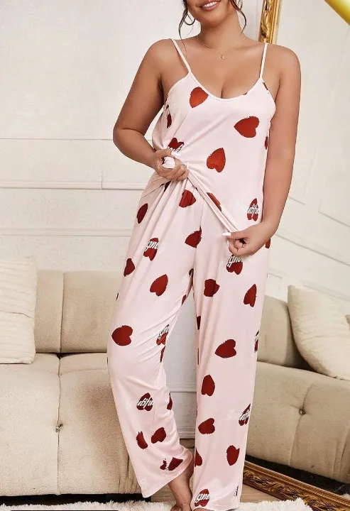 Ensemble Pyjama Imprimé Coeur Douillet Pour Femmes ,Vêtements De Nuit