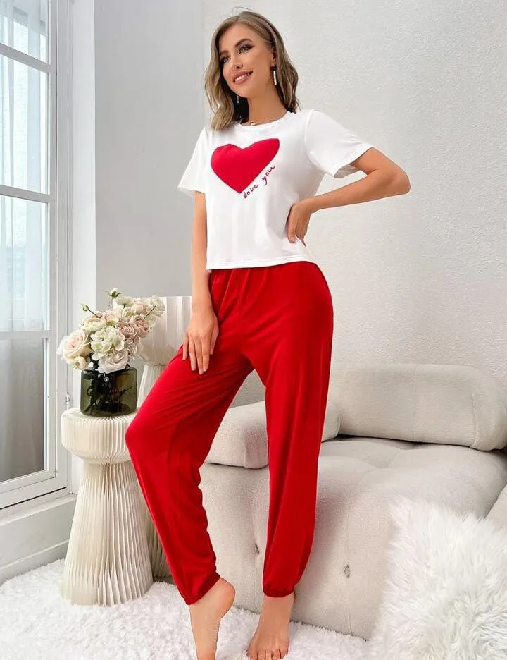 Ensemble de pyjama à imprimé cœur et lettre pour femmes