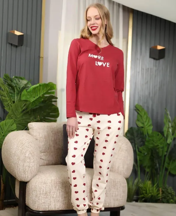 Ensemble pyjama décontracté à Manches Longues et imprimé cœur pour femme