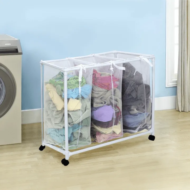 Chariot Buanderie en Plastique avec Roulettes et 3 Filets Blancs