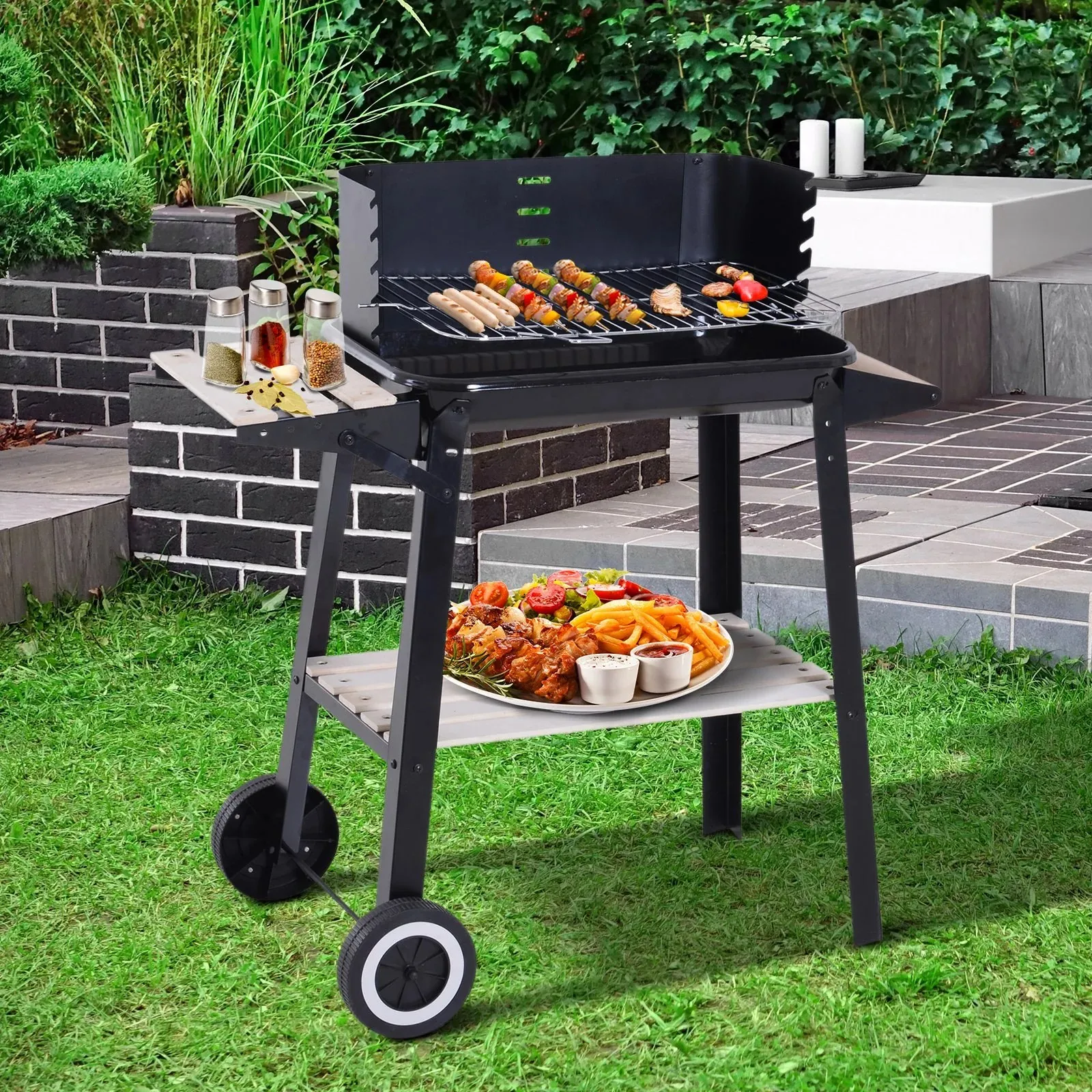 Barbecue au Charbon rectangulaire avec roulettes pour jardin et camping en plein air 83x45x87 cm