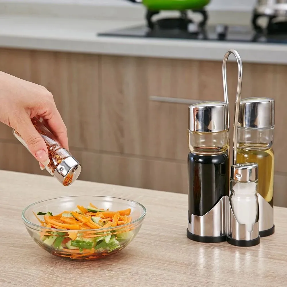 Lot de 4 Distributeurs de Condiments en Verre et Acier Inoxydable avec Support de Table