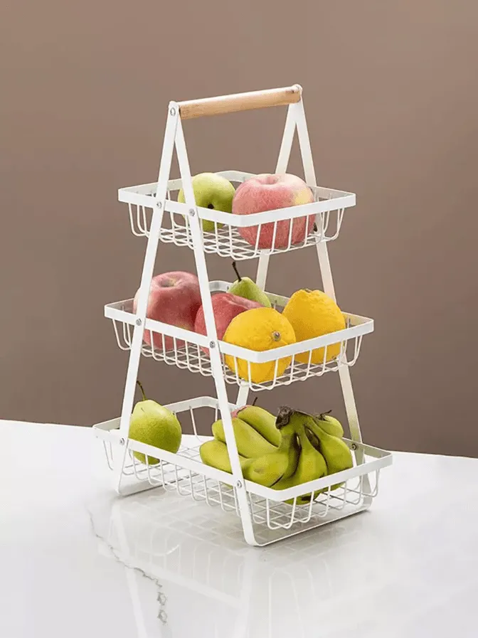 Corbeille à Fruits à Trois Niveaux avec Poignée en Bois pour une Touche de Style
