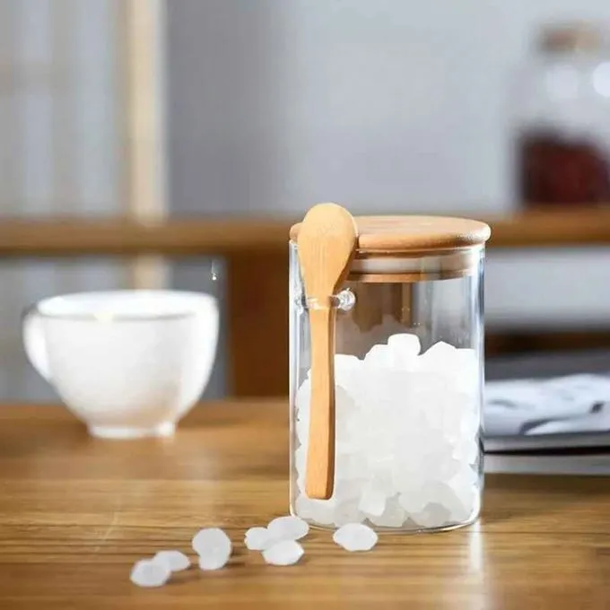Bocal en verre transparent avec couvercle et cuillère stockage des aliments