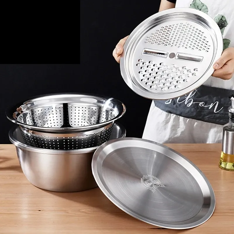Ensemble de 4 Pièces avec Saladier Inox et Outils Ingénieux