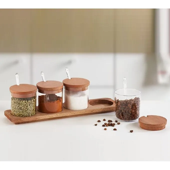 Ensemble Épices Élégant Lot de 4 Pots Ronds avec Cuillères et Plateau en Plastique