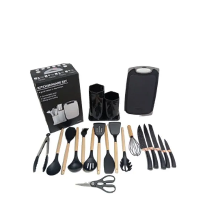 Ensemble Cuisine Complet 19 Ustensiles en Silicone et Couteaux avec Support en Bambou