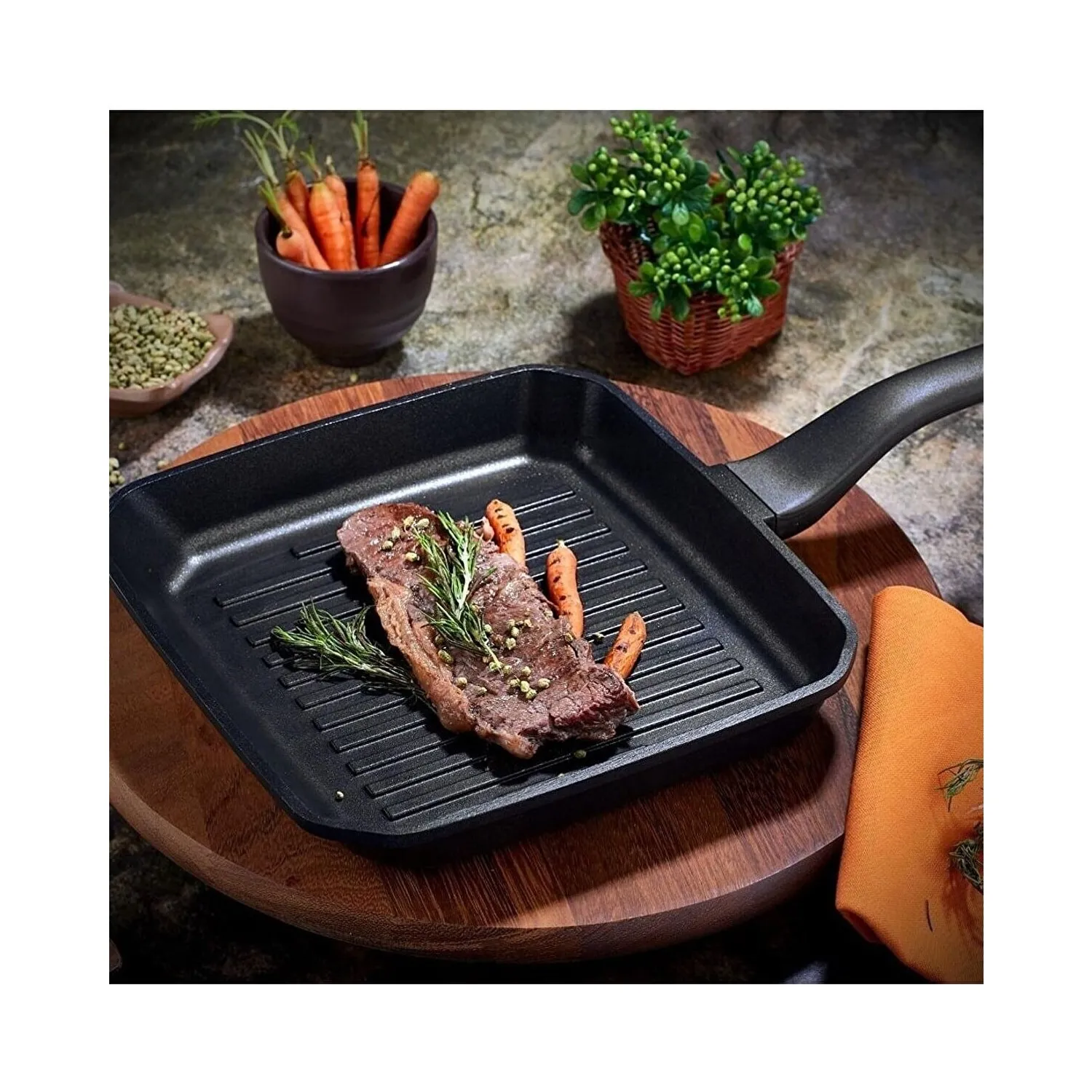 Maîtrisez l'art de la cuisson parfaite avec la Poêle à Steak Carrée Profonde en Granit de 30 cm par POLO CHEF