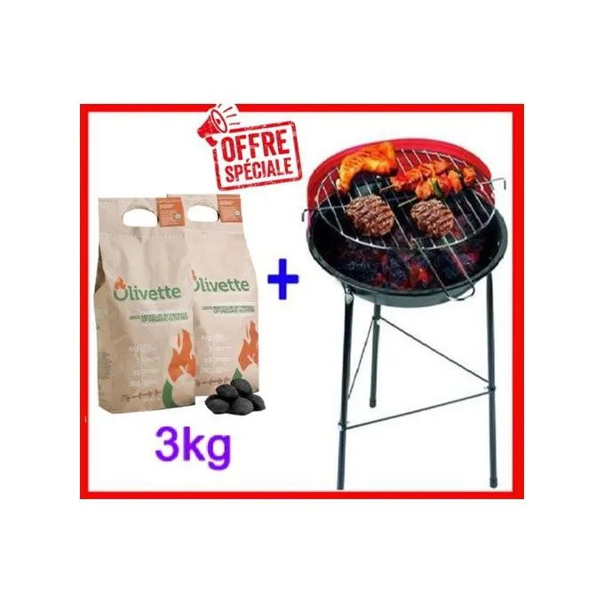 Grillez avec style Olivette le pack de grill rond élégant avec 3 pieds et 3 kg de charbon naturel
