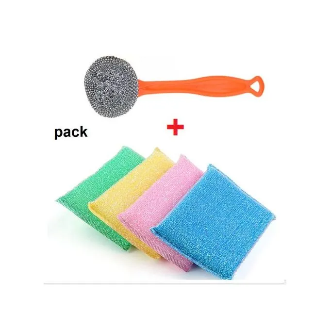 Pack de Nettoyage Ultime Brosse en Acier Inoxydable et 4 Éponges de Qualité