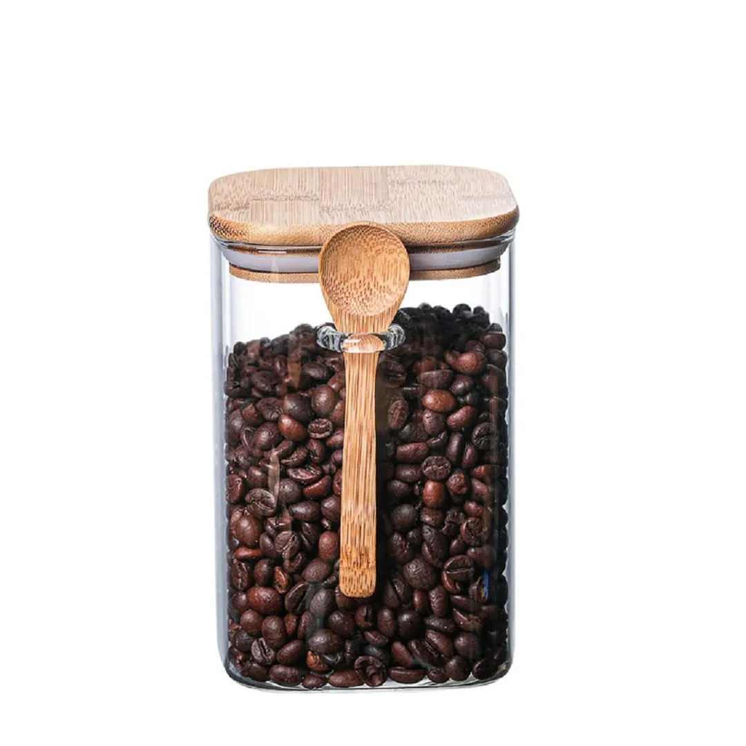 Bouteille de rangement carrée avec cuillère en bois