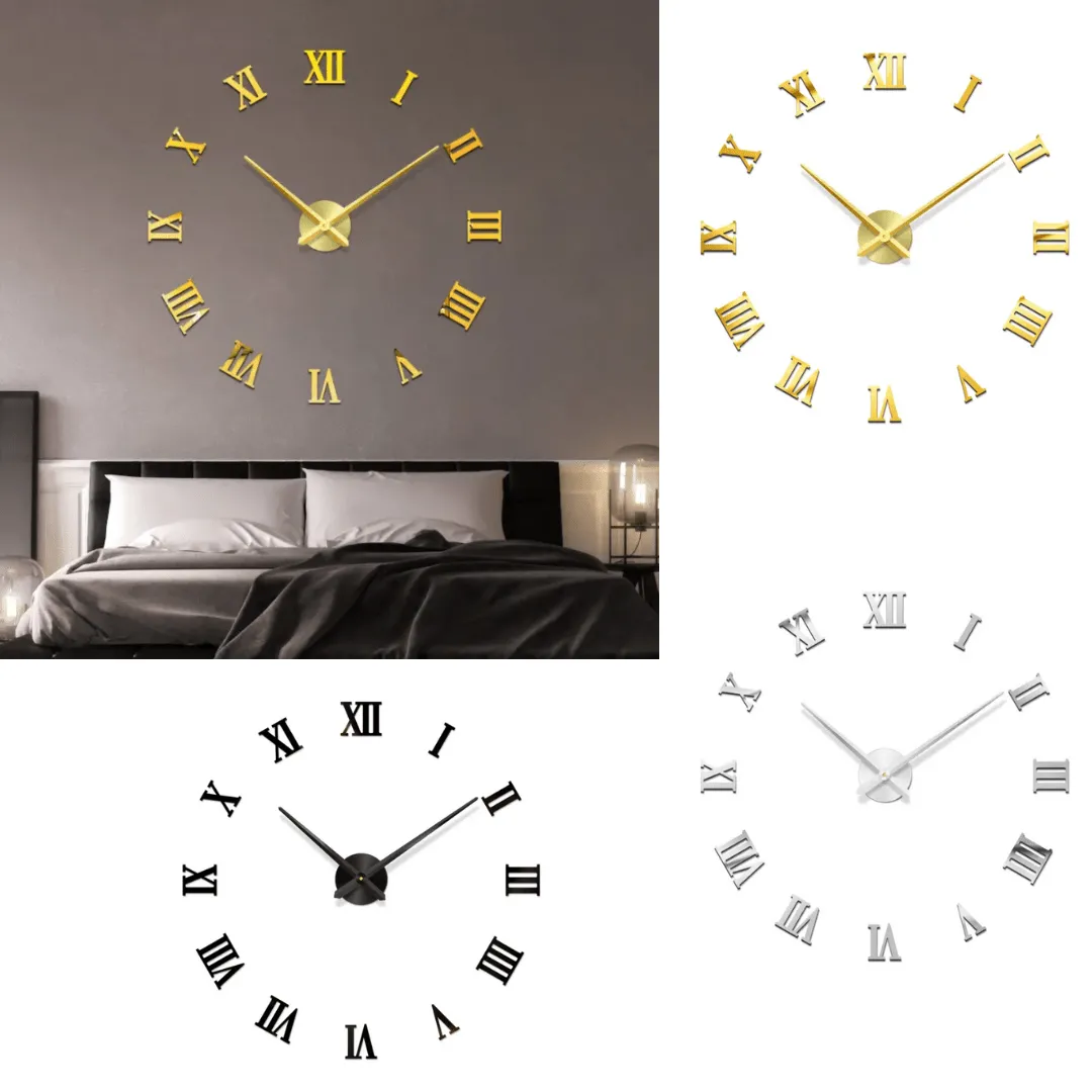 Grande horloge murale autocollante 3D – Design élégant (colleur aléatoire)