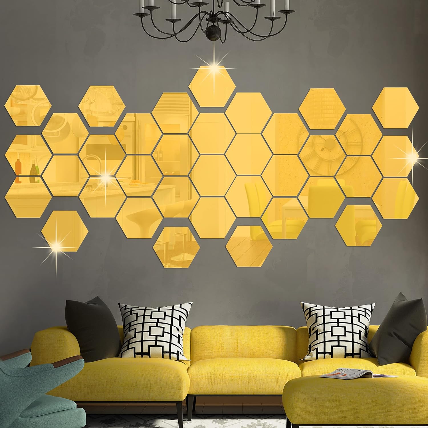 Lot de 6 Miroirs Hexagonaux 3D Gold