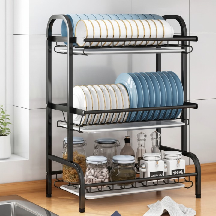 Égouttoir à vaisselle à 3 étages, rangement pratique pour assiettes, verres et ustensiles
