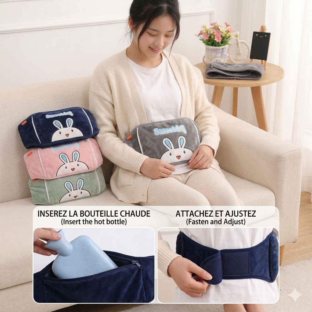 Bouillotte chauffante en caoutchouc pour soulager les douleurs menstruelles.