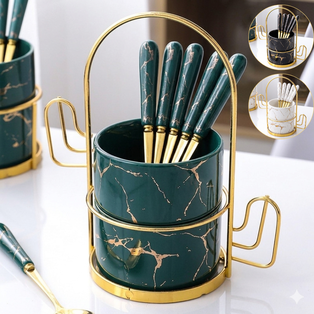 Ensemble de 6 cuillères avec manches en céramique, incluant des cuillères à thé pour dessert avec support de rangement (colleur aléatoire)