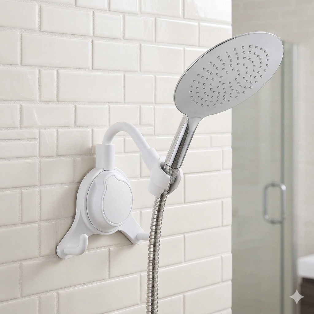 Support flexible blanc pour pommeau de douche avec crochet de fixation.