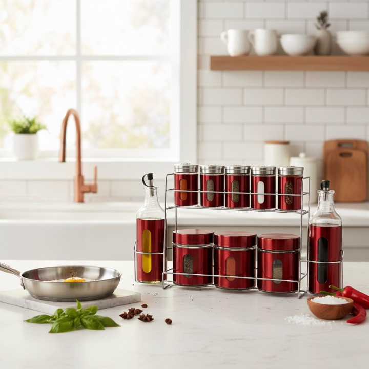 Ensemble de pots à épices avec huiliers et support pour assaisonnements et sauces