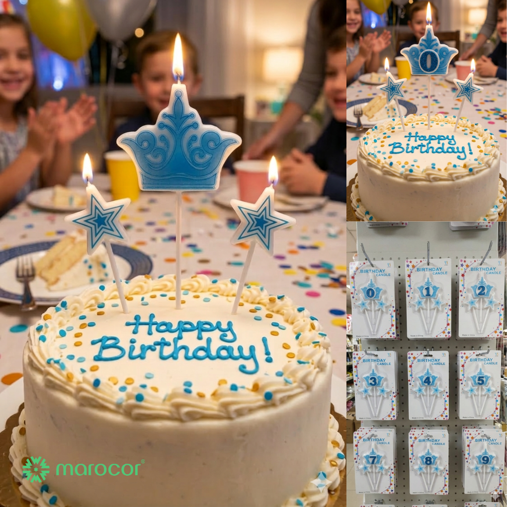 Ensemble Complet de Bougies d'Anniversaire Couronne et Étoiles Bleues