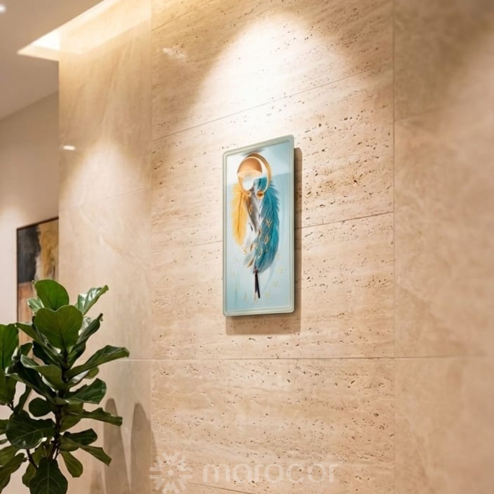 Horloge Murale Décorative Rectangulaire - Design Plumes et Éclats d'Or