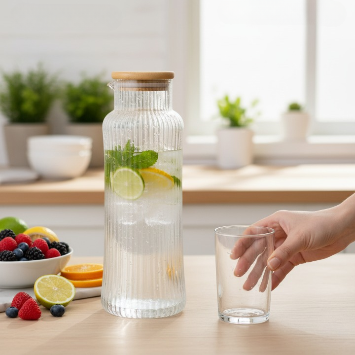 Bouteille en verre avec couvercle, pratique et élégante pour conserver vos boissons.