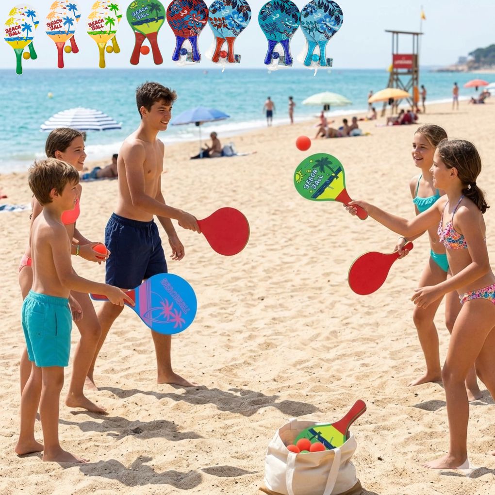 Kit de 2 Raquettes de Beach Ball en Bois avec Poignées Plastique