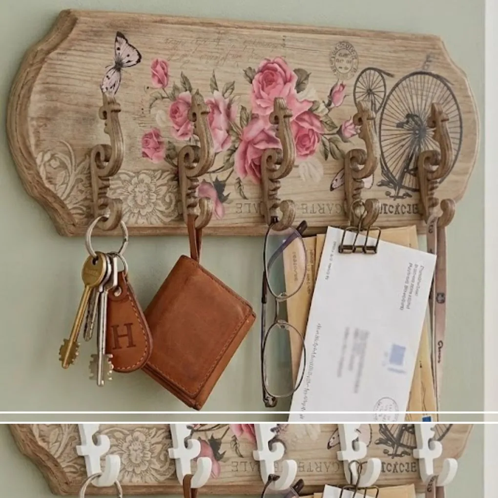 Organisateur mural décoratif en bois : accroche-clés, porte-courrier et étagère vide-poche