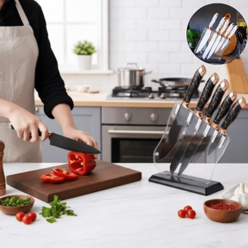 Set de couteaux de cuisine à lames marbrées avec bloc, incluant couteau de chef, à pain et de découpe (colleur aléatoire)