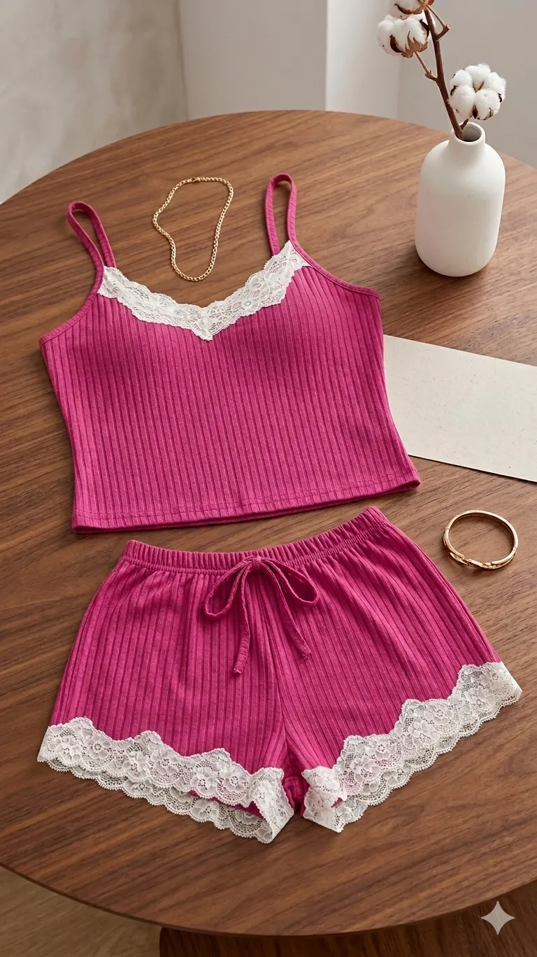 Ensemble Lingerie de Nuit 2 Pièces - Caraco à Bretelles et Short en Maille Nervurée avec Dentelle Blanche M/L