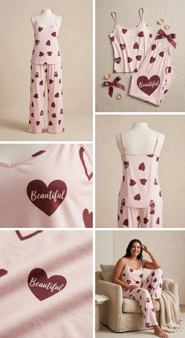 Ensemble Pyjama 2 Pièces Rose Poudré – Débardeur et Pantalon Fluide à Motifs Cœurs "Beautiful"