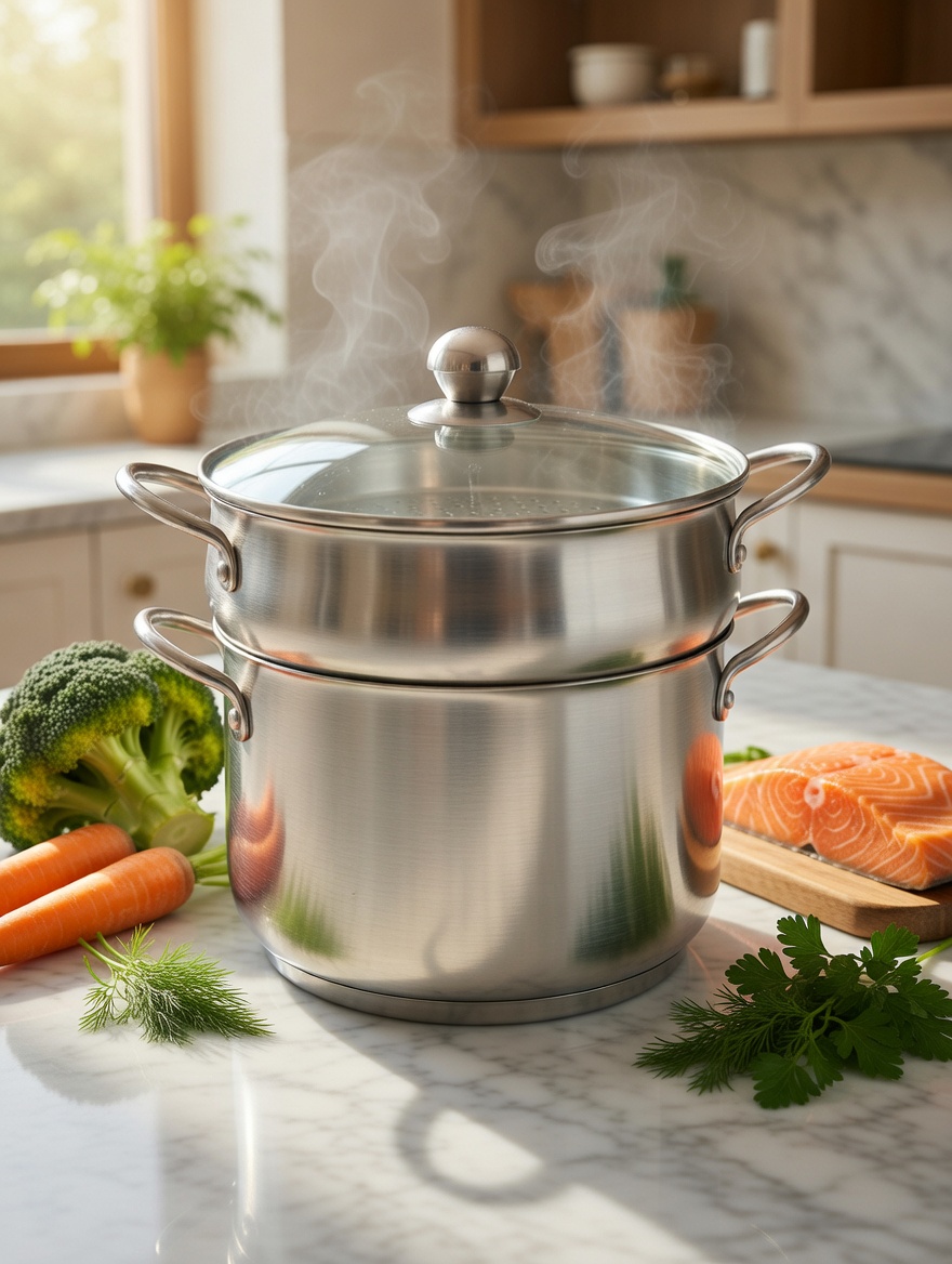 Couscoussier en inox avec cuiseur vapeur et couvercle en verre, polyvalent pour cuisson saine