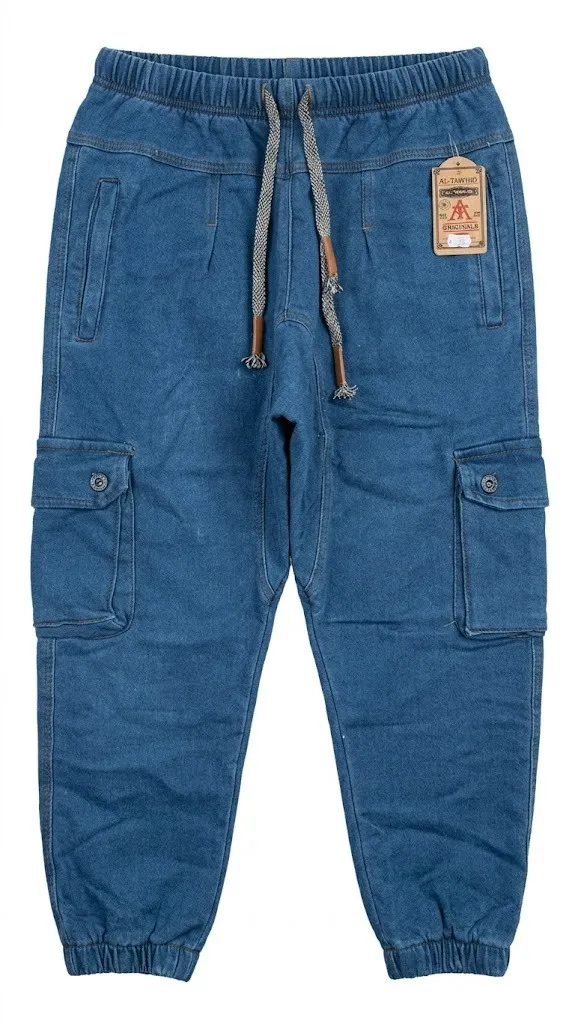 Pantalon Cargo Jogger en Denim – Coupe Confort avec Taille Élastique et Poches Latérales – Bleu Délavé