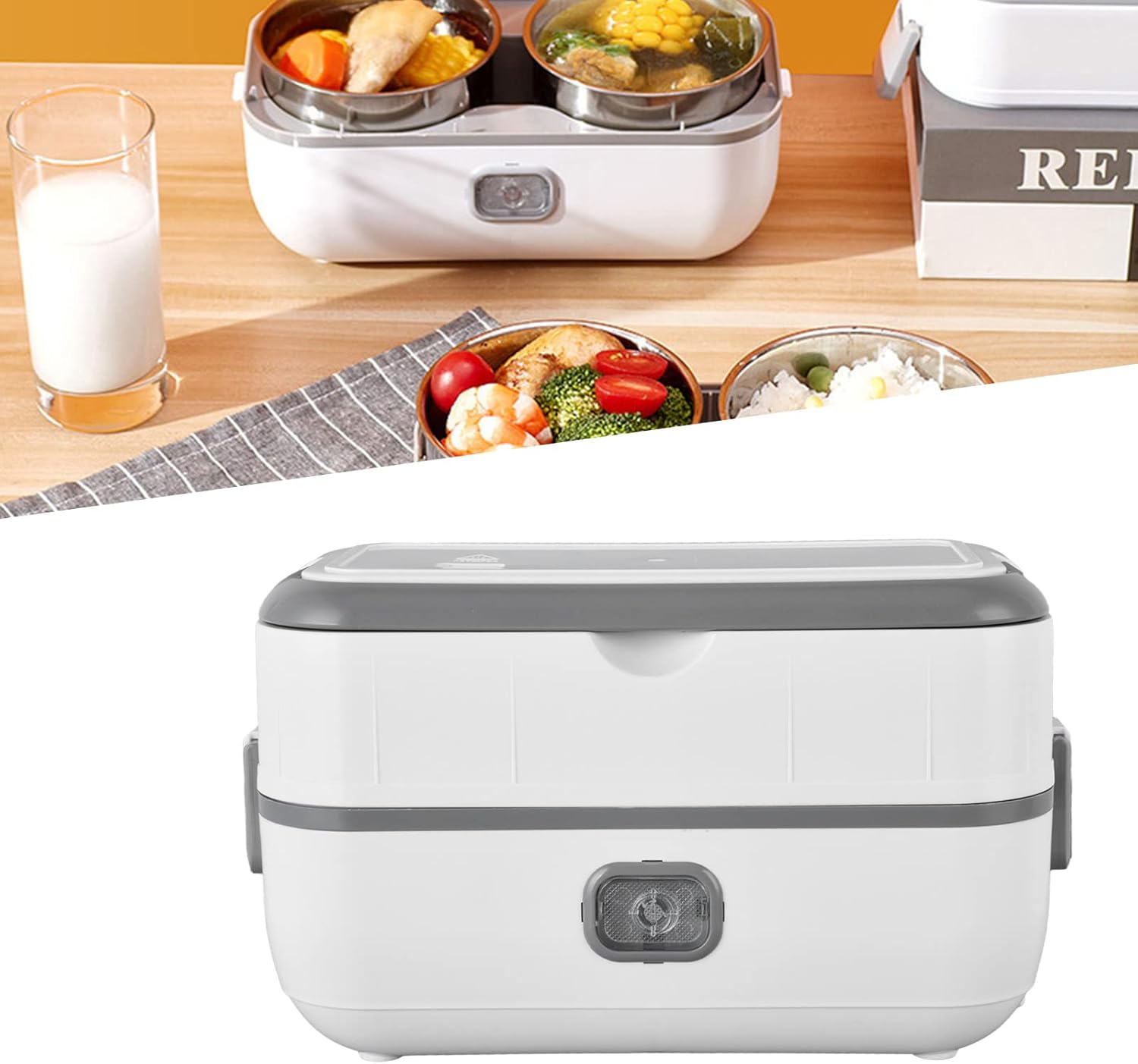Boîte à lunch électrique chauffante en acier inoxydable avec compartiment unique et accessoires, pratique pour adultes