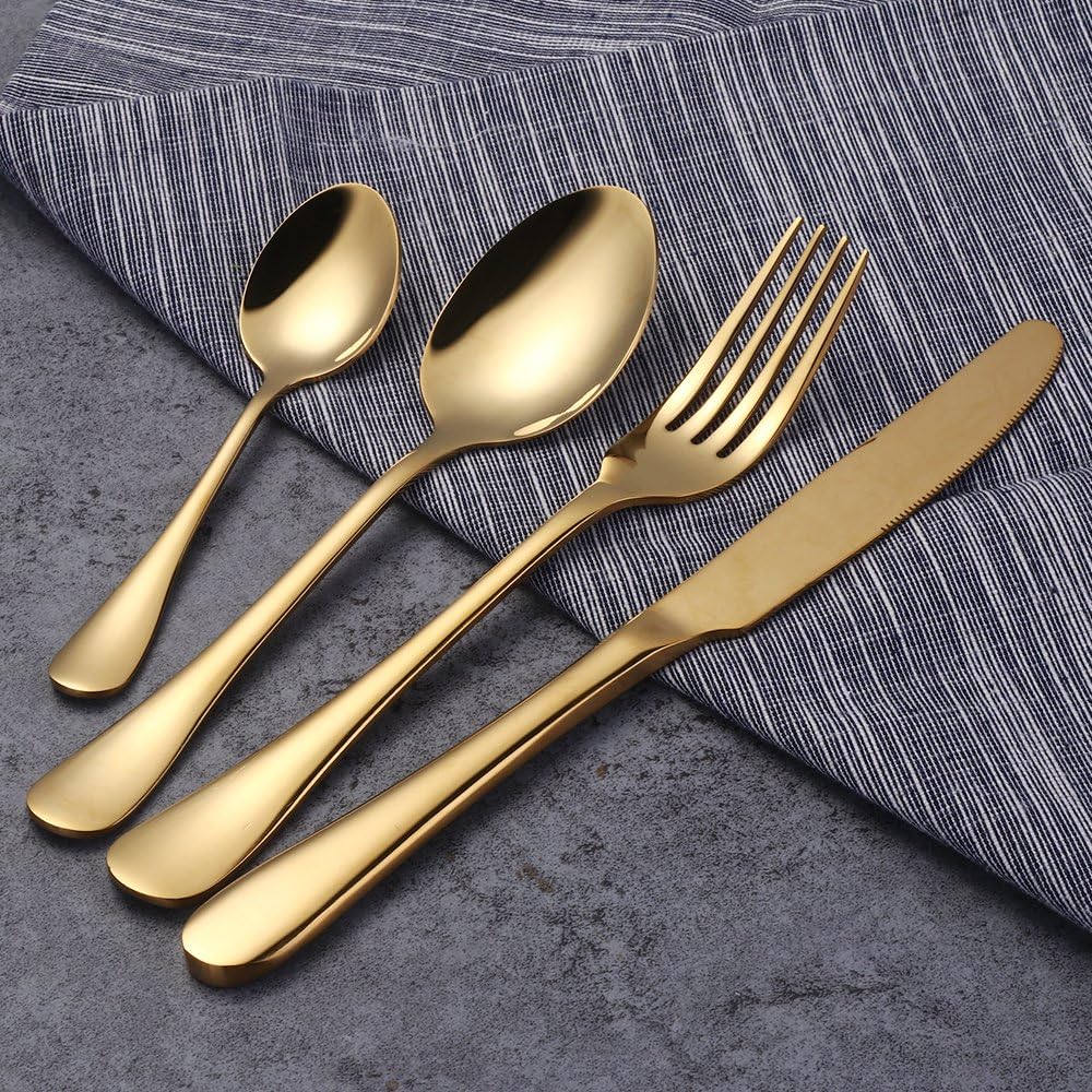 Set de 24 couverts de table dorés en acier inoxydable luxueux