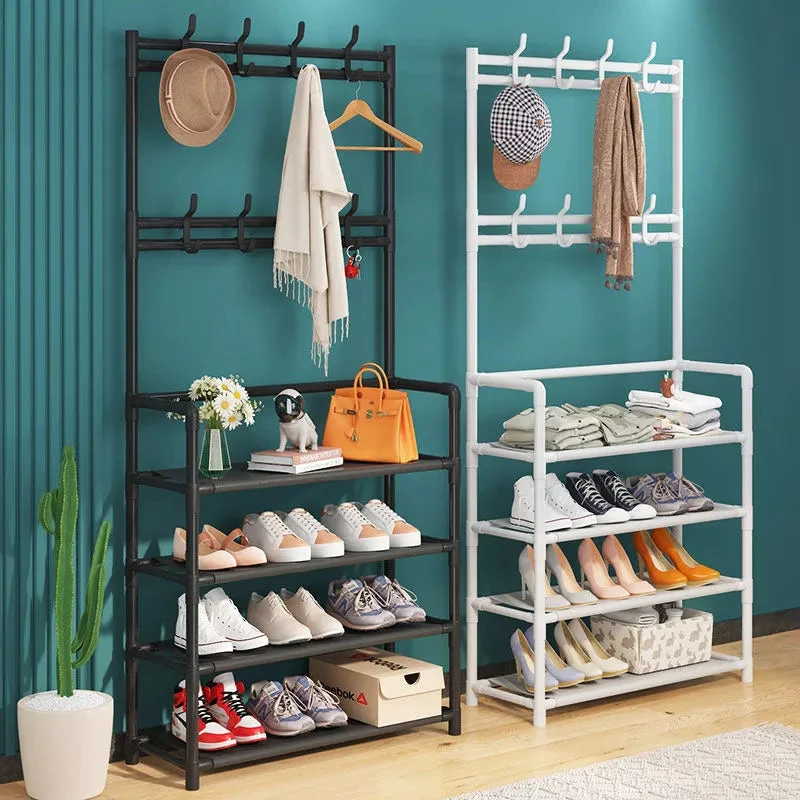 Portemanteau sur pied - Vestiaire avec 4 étagères pour rangement de chaussures - Meuble d’entrée en acier