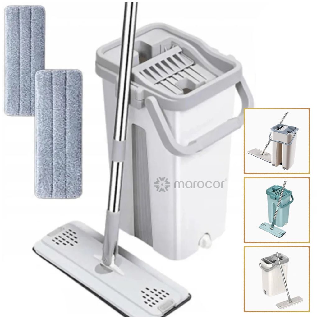 Balai plat 2 en 1 avec grattoir et seau ergonomique pour un nettoyage efficace des sols.