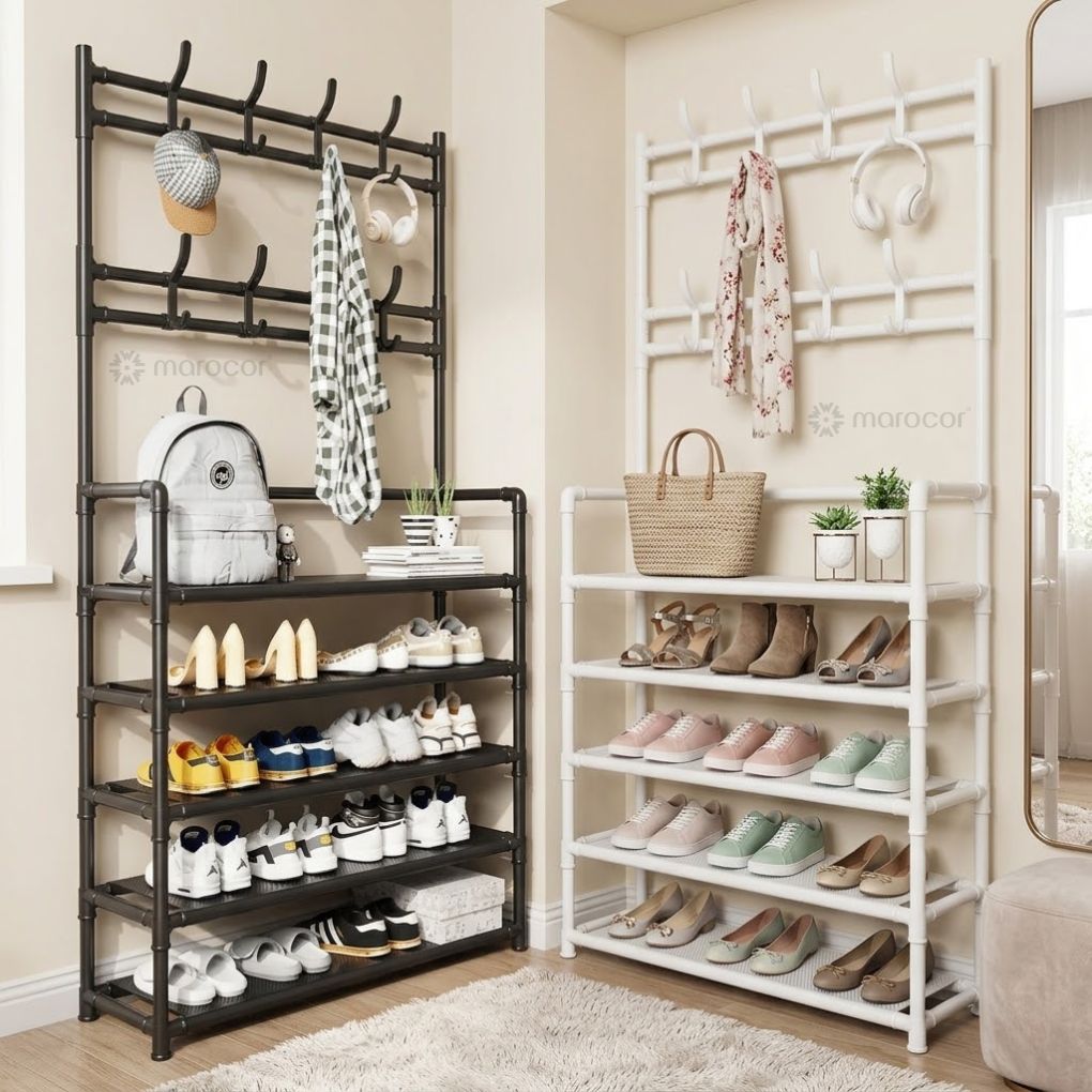 Portemanteau sur pied - Vestiaire avec étagères pour rangement de chaussures - Meuble d’entrée en acier