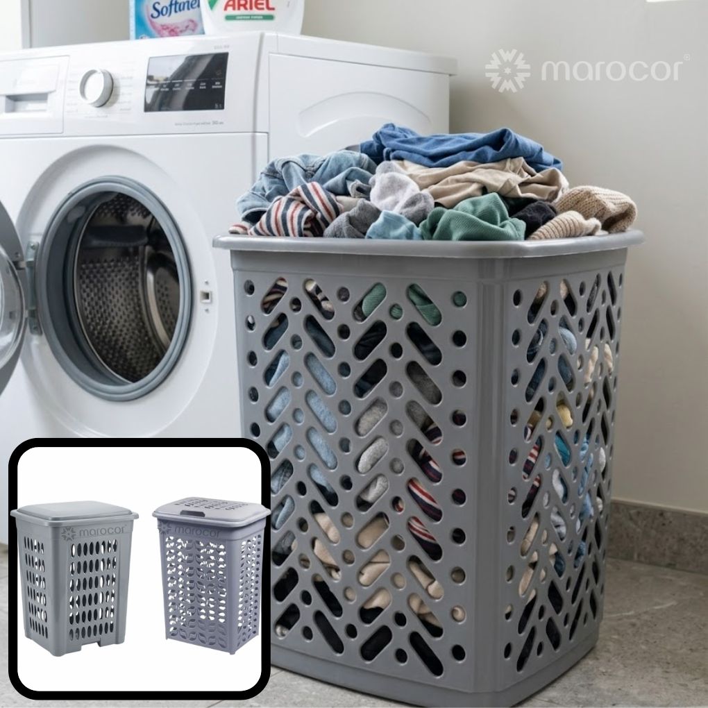 Panier à Linge en plastique avec Couvercle Respirant pour salle de bain et chambre à coucher 60L