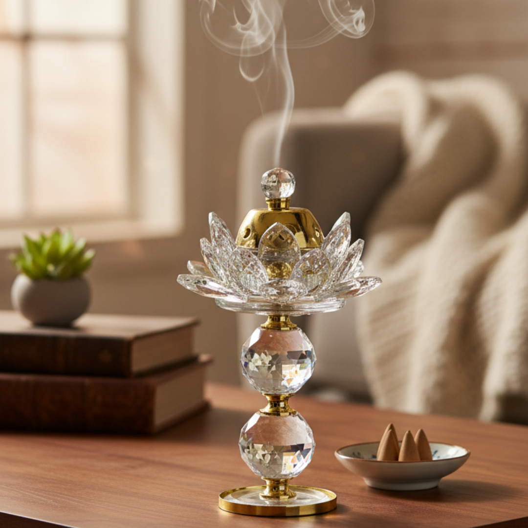 Brûleur d’encens en cristal élégant – Parfum subtil et charme décoratif pour votre maison.