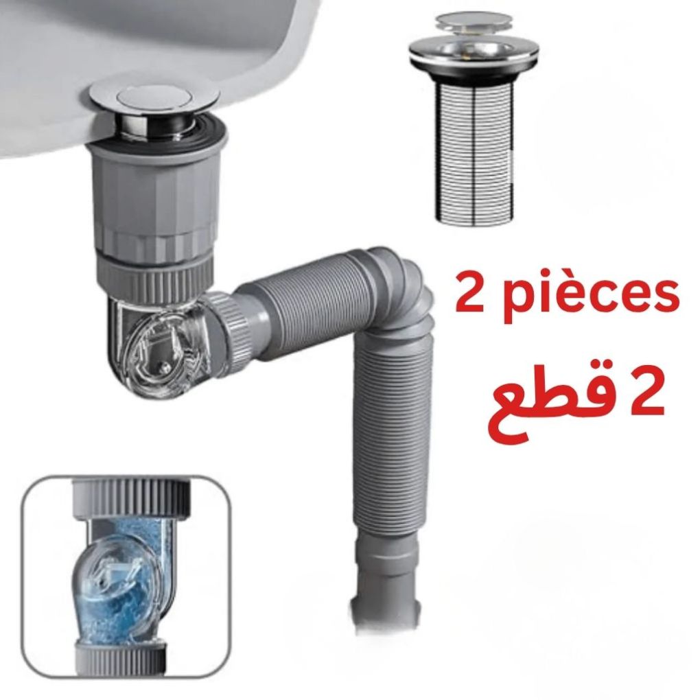 2X Kit de drainage pour lavabo – anti-odeurs et anti-refoulement, idéal pour salle de bain et cuisine.