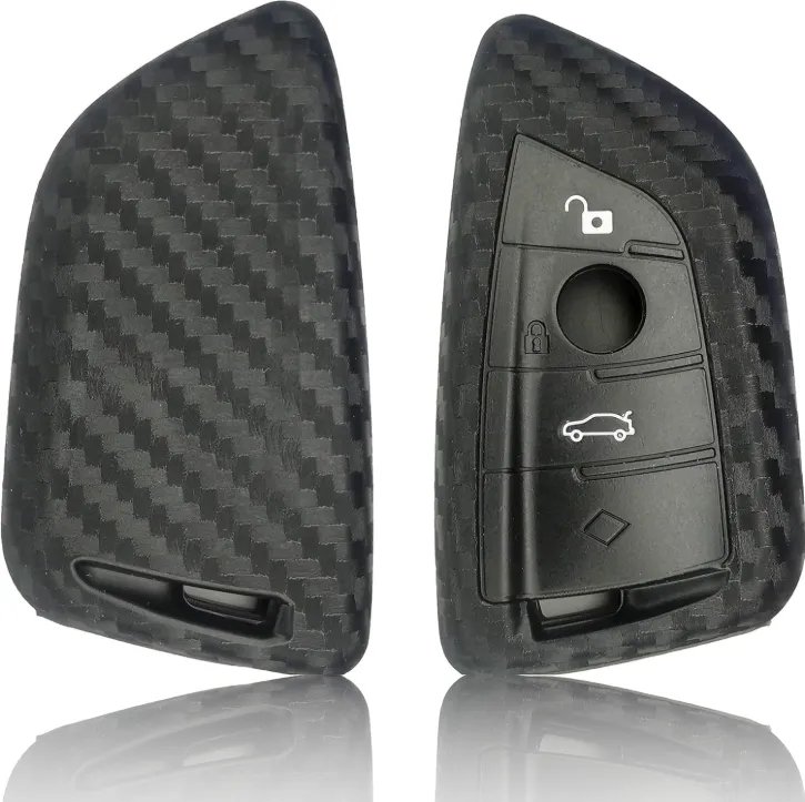 Étui de clé de voiture BMW en silicone fibre de carbone à 4 boutons