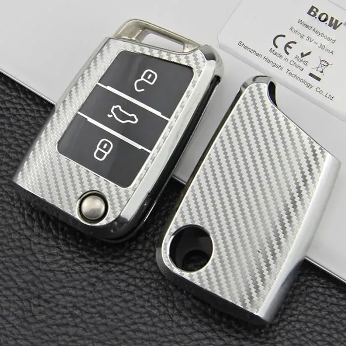 Coque de clé de voiture en fibre de carbone TPU pour Volkswagen VW
