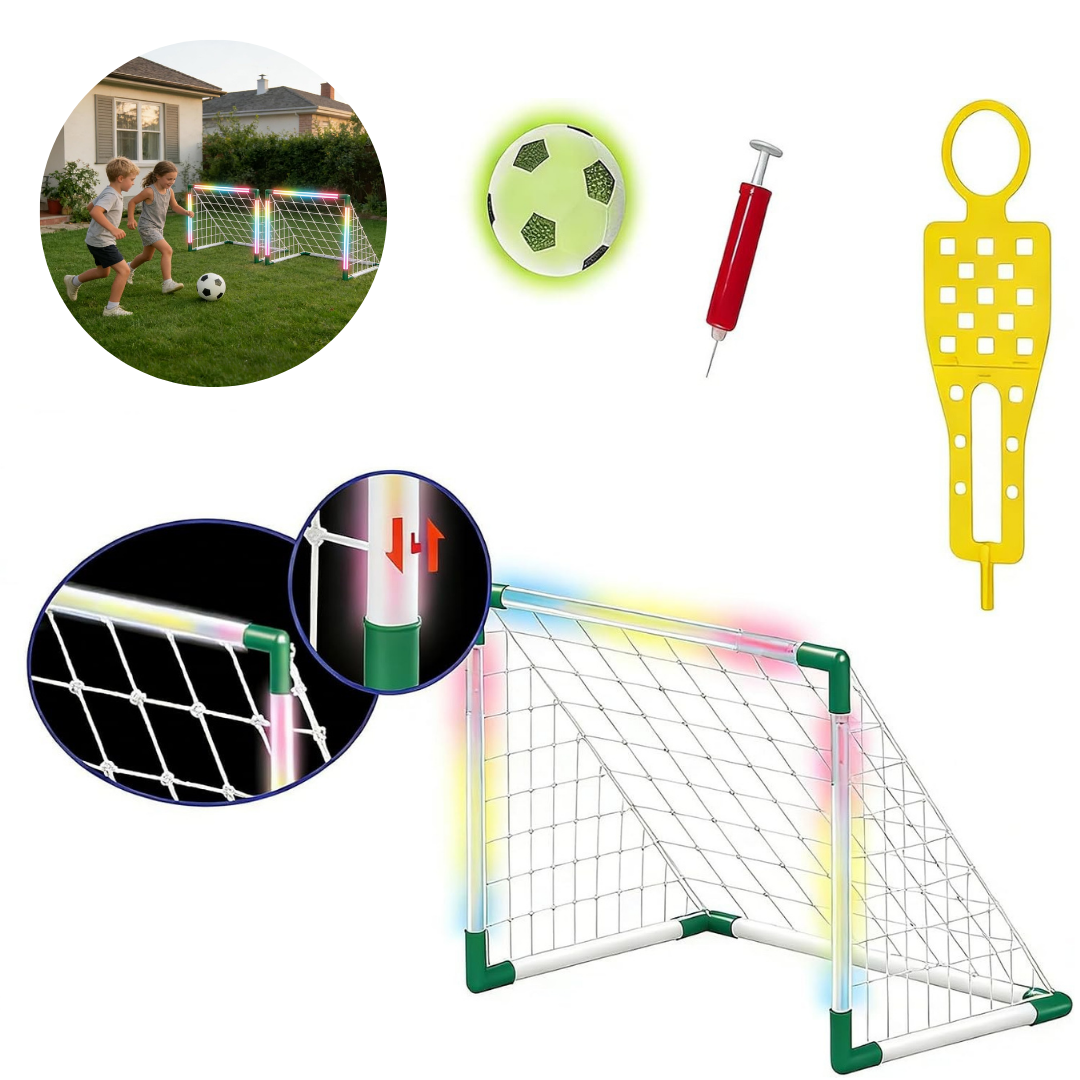 Ensemble de Football Lumineux pour Enfants – But avec Filet, Ballon LED, Pompe et 3 Cibles – Jeu d’Intérieur et d’Extérieur