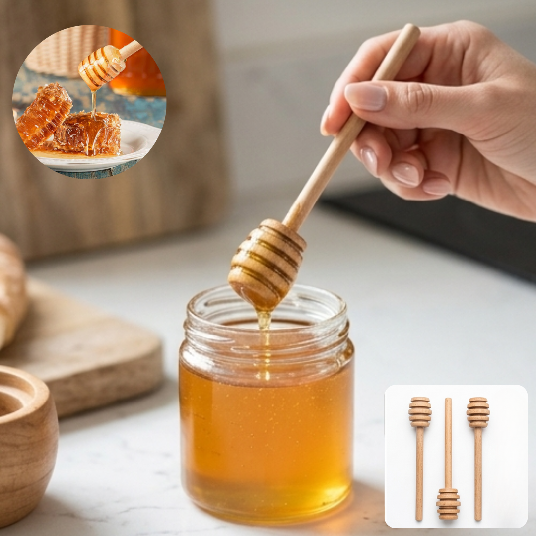 Lot de 3 Cuillères à Miel en Bois Naturel – Doseurs de Miel pour Thé, Desserts et Pots