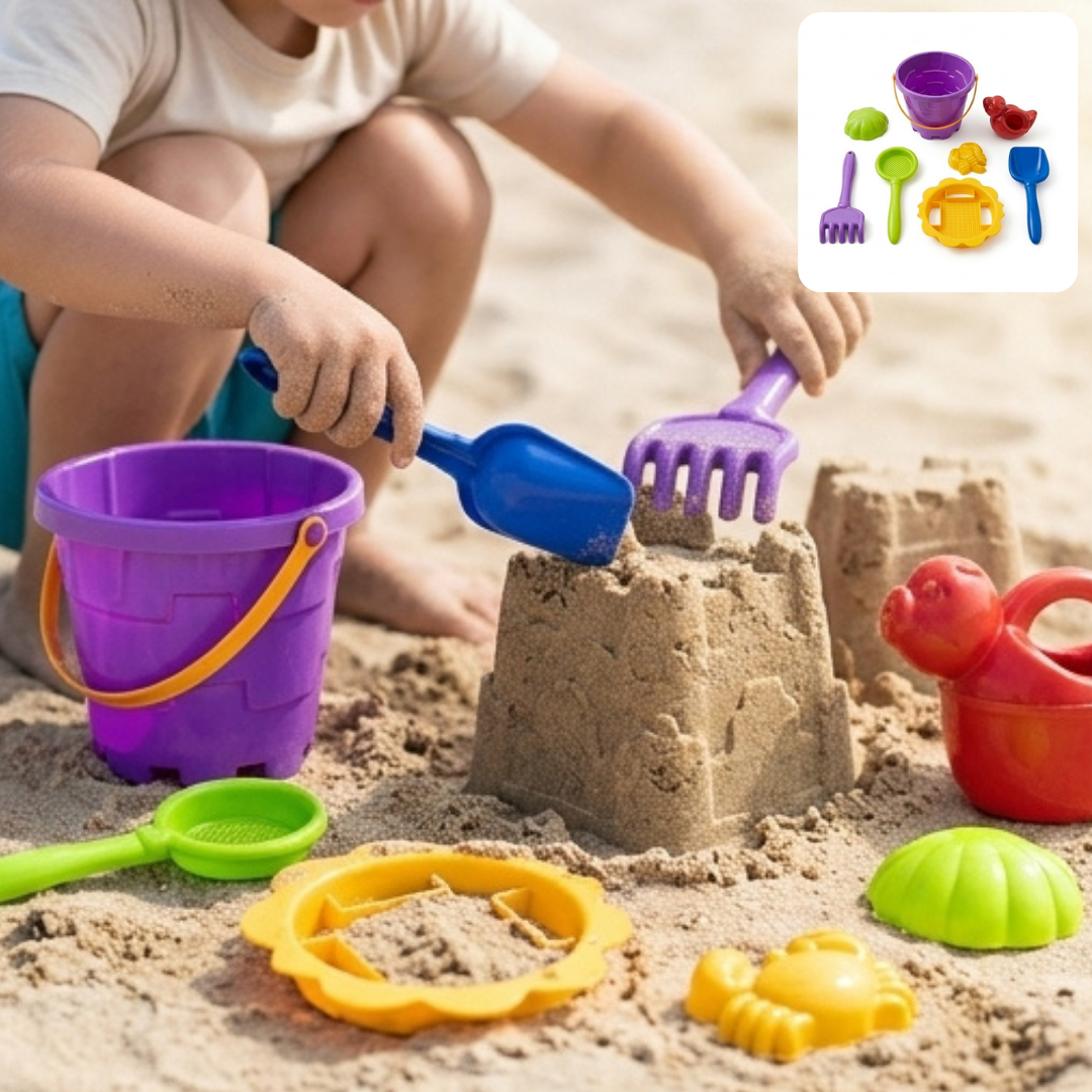 Ensemble de Jouets de Plage pour Enfants – Seau, Arrosoir, Pelle, Râteau et Moules à Sable – Kit Complet de Jeux de Sable (couleur aléatoire)