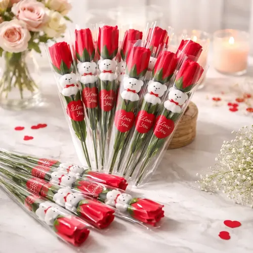 Fleur Rouge avec Ours en Peluche – Cadeau Romantique et Décoratif (1 pcs)