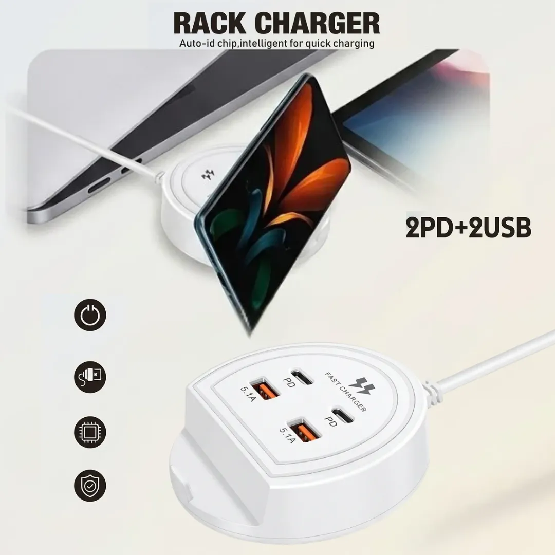 شريط طاقة USB مزود بمنفذين من النوع C ومنفذين USB وحامل هاتف