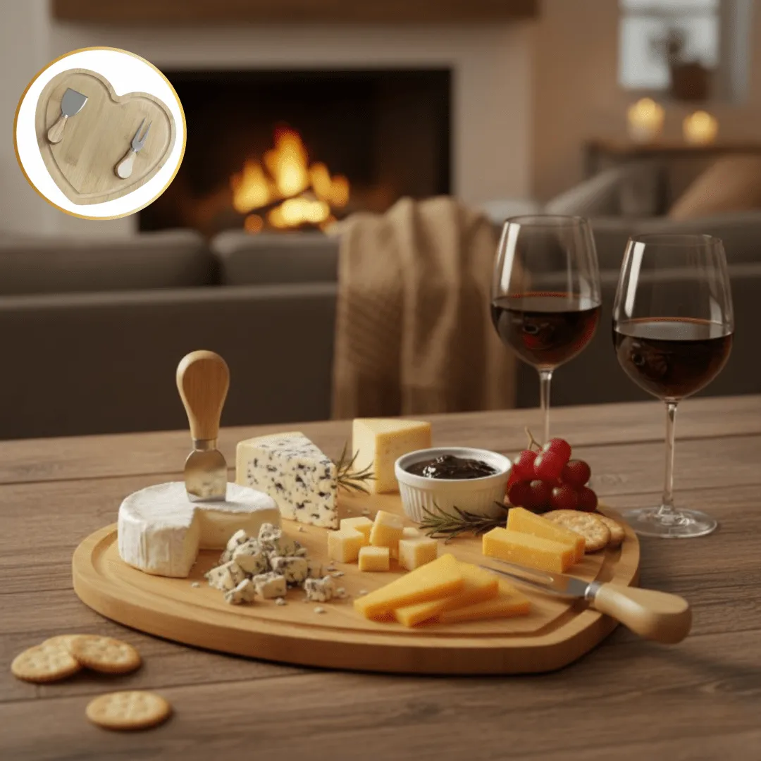 Ensemble de service pour fromage en bambou avec plateau cœur, couteau et fourchette