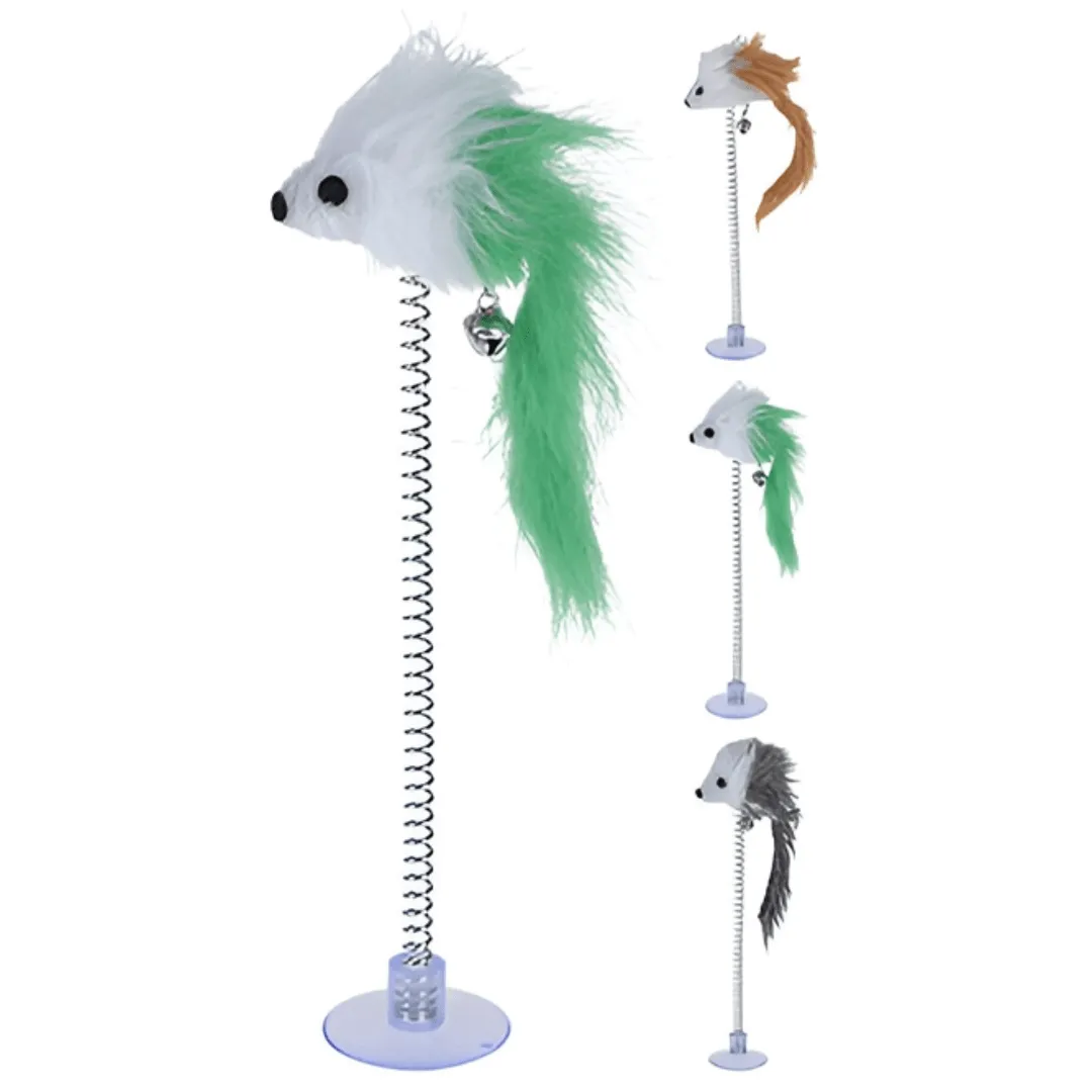 Jouet à ressort avec souris et ventouse pour chats (colleur aléatoire).